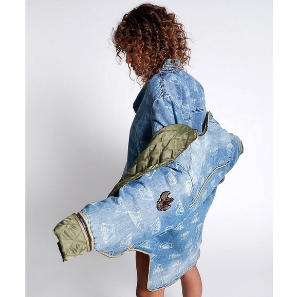 One Teaspoon Patchwork Stuffed Medusa Oversized Denim Jacket - Picture 6 of 16